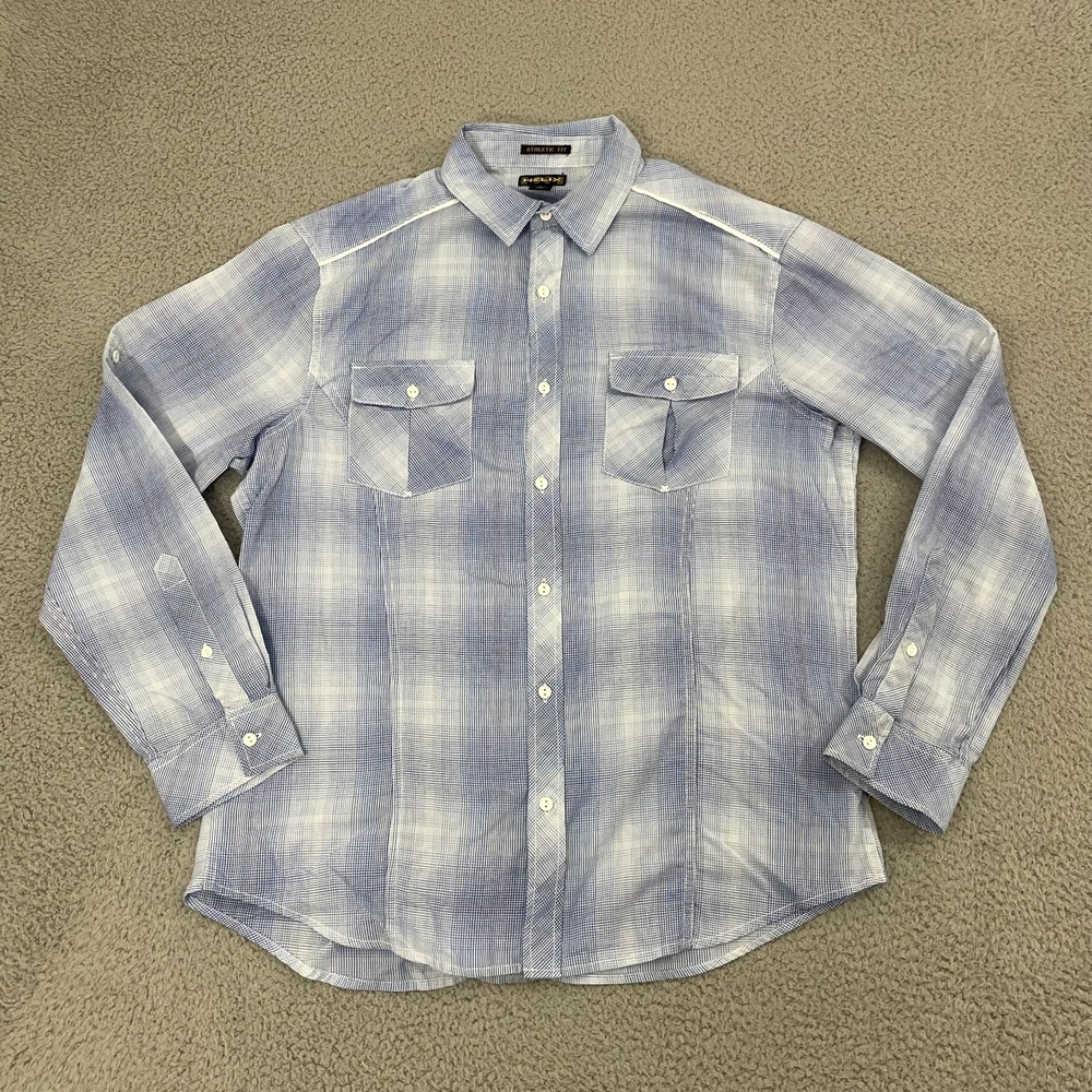 Helix Athletic Fit Shirt Men L Blue Plaid Long Sleeve Retro Button Front